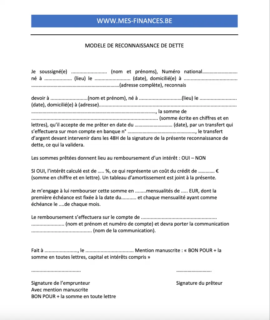 Aperçu du modèle de reconnaissance de dette entre particuliers de Mes-Finances.be, au format PDF A4